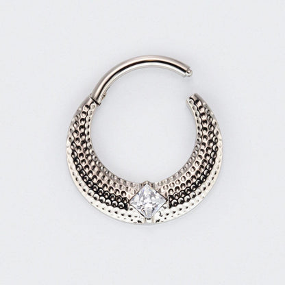 Large Bumped Cut with CZ Centre Hinged Segment Hoop Clicker Ring in Silver - Titanium