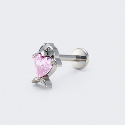 Fish Pink CZ Front Facing Labret in Silver - Titanium