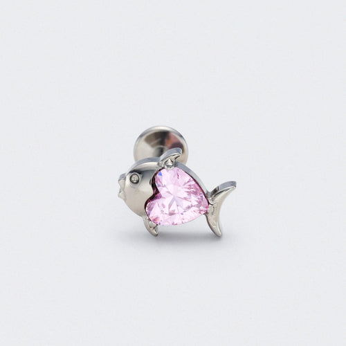 Fish Pink CZ Front Facing Labret in Silver - Titanium