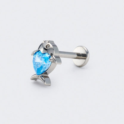 Fish Blue CZ Front Facing Labret in Silver - Titanium