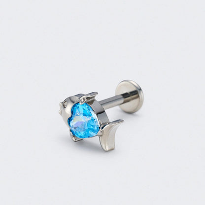 Fish Blue CZ Front Facing Labret in Silver - Titanium