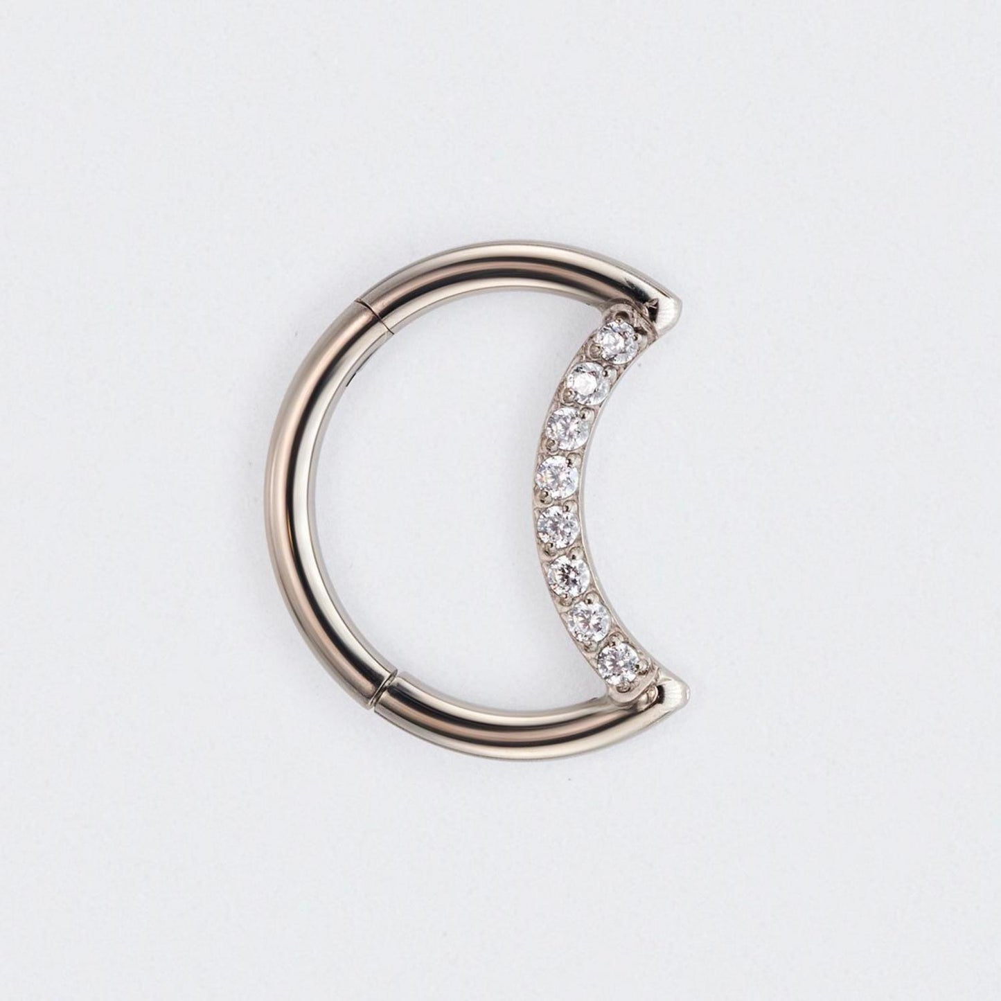 Crescent Moon Shaped with CZ Paved Hinged Segment Hoop Clicker Ring in Silver - Titanium