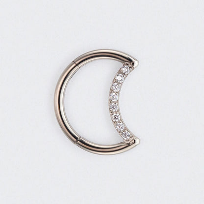 Crescent Moon Shaped with CZ Paved Hinged Segment Hoop Clicker Ring in Silver - Titanium