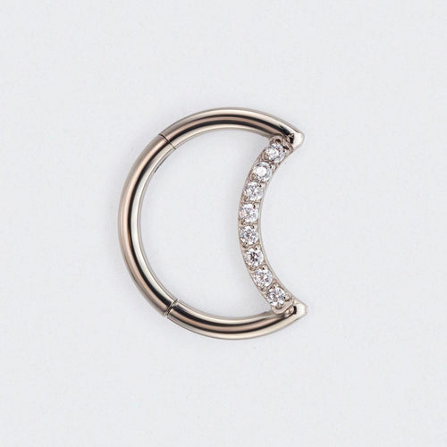 Crescent Moon Shaped with CZ Paved Hinged Segment Hoop Clicker Ring in Silver - Titanium