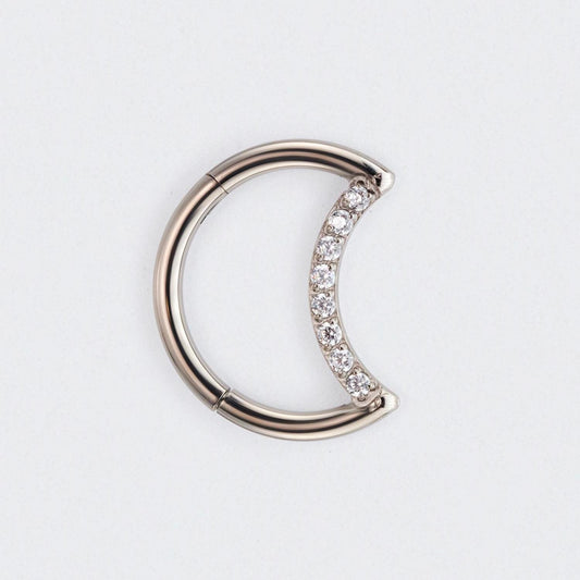 Crescent Moon Shaped with CZ Paved Hinged Segment Hoop Clicker Ring in Silver - Titanium