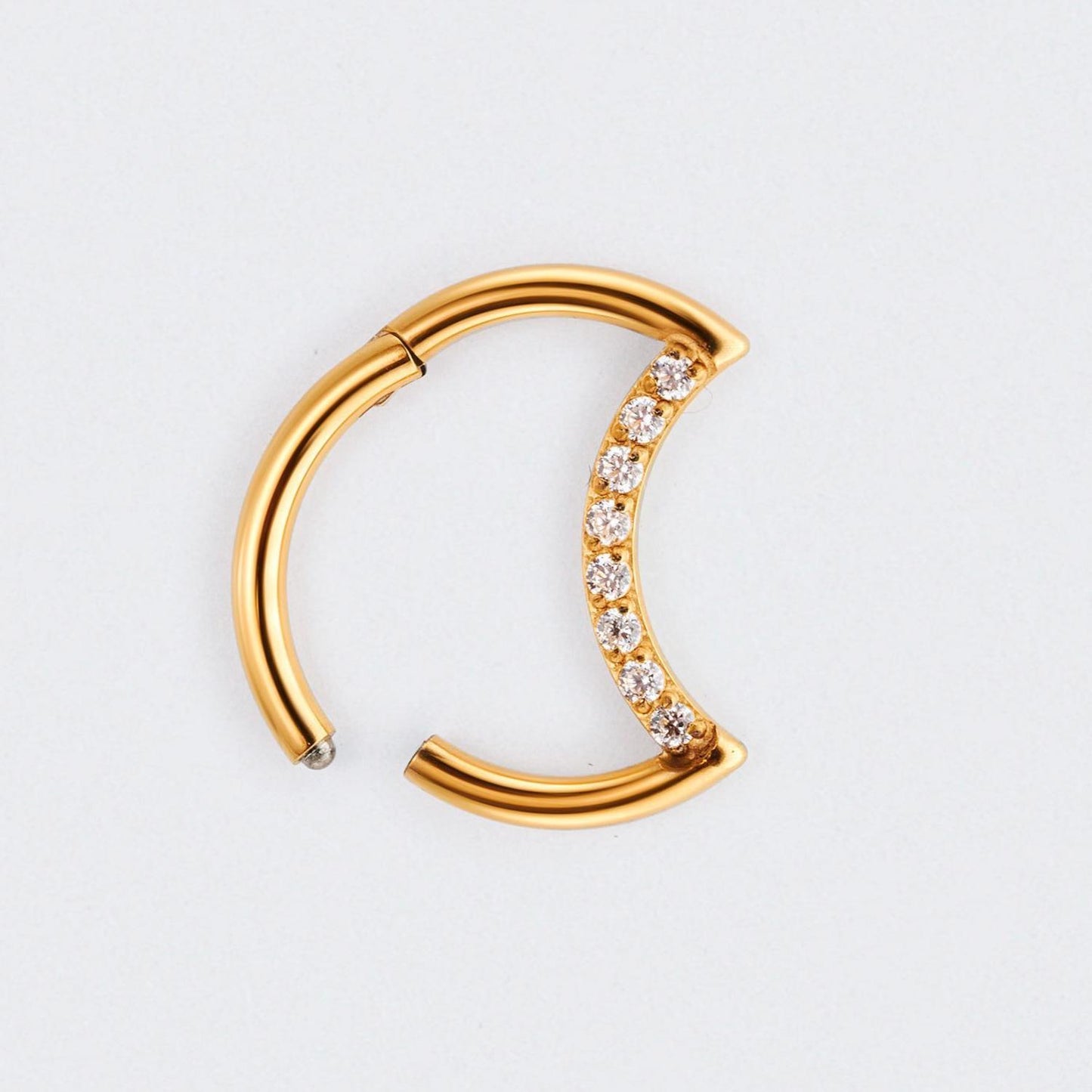 Crescent Moon Shaped with CZ Paved Hinged Segment Hoop Clicker Ring in Gold - Titanium
