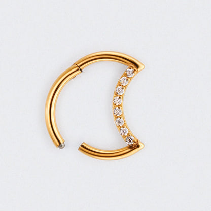 Crescent Moon Shaped with CZ Paved Hinged Segment Hoop Clicker Ring in Gold - Titanium