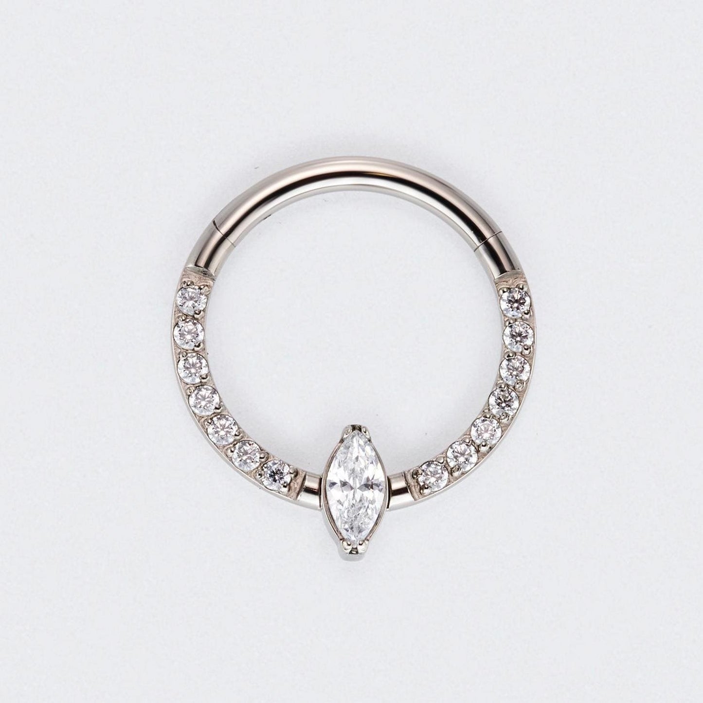 Marquise Stone Centre CZ Front Face Paved Hinged Segment Clicker Ring in Silver - Titanium