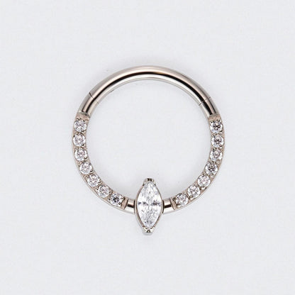 Marquise Stone Centre CZ Front Face Paved Hinged Segment Clicker Ring in Silver - Titanium