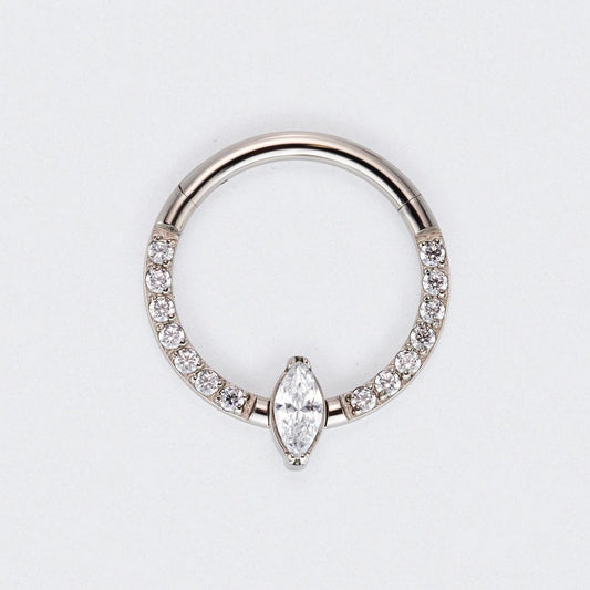 Marquise Stone Centre CZ Front Face Paved Hinged Segment Clicker Ring in Silver - Titanium