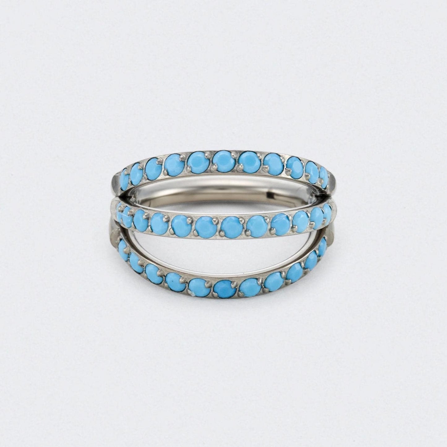 Triple Stacked Septum Ring with Front Facing Turquoise in Silver - Titanium