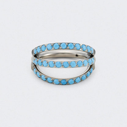 Triple Stacked Septum Ring with Front Facing Turquoise in Silver - Titanium