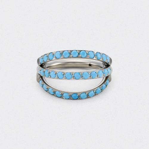 Triple Stacked Septum Ring with Front Facing Turquoise in Silver - Titanium
