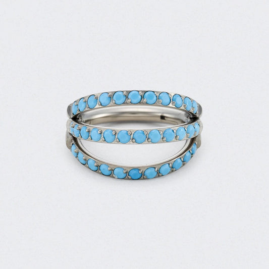 Triple Stacked Septum Ring with Front Facing Turquoise in Silver - Titanium