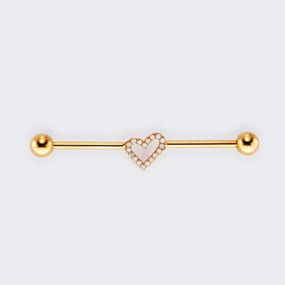 Heart CZ Paved Pole Industrial Barbell in Gold - Titanium