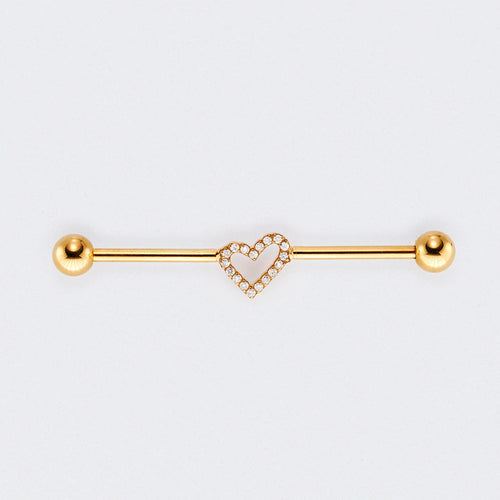 Heart CZ Paved Pole Industrial Barbell in Gold - Titanium