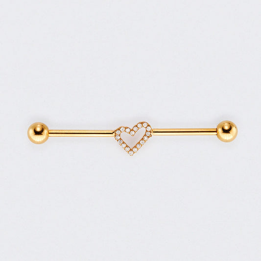 Heart CZ Paved Pole Industrial Barbell in Gold - Titanium