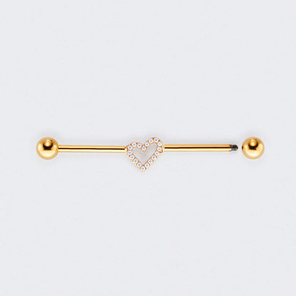 Heart CZ Paved Pole Industrial Barbell in Gold - Titanium