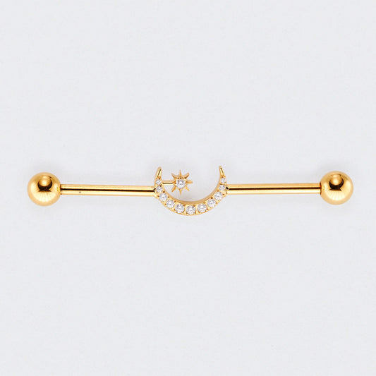 Crescent CZ Paved Pole Industrial Barbell in Gold - Titanium