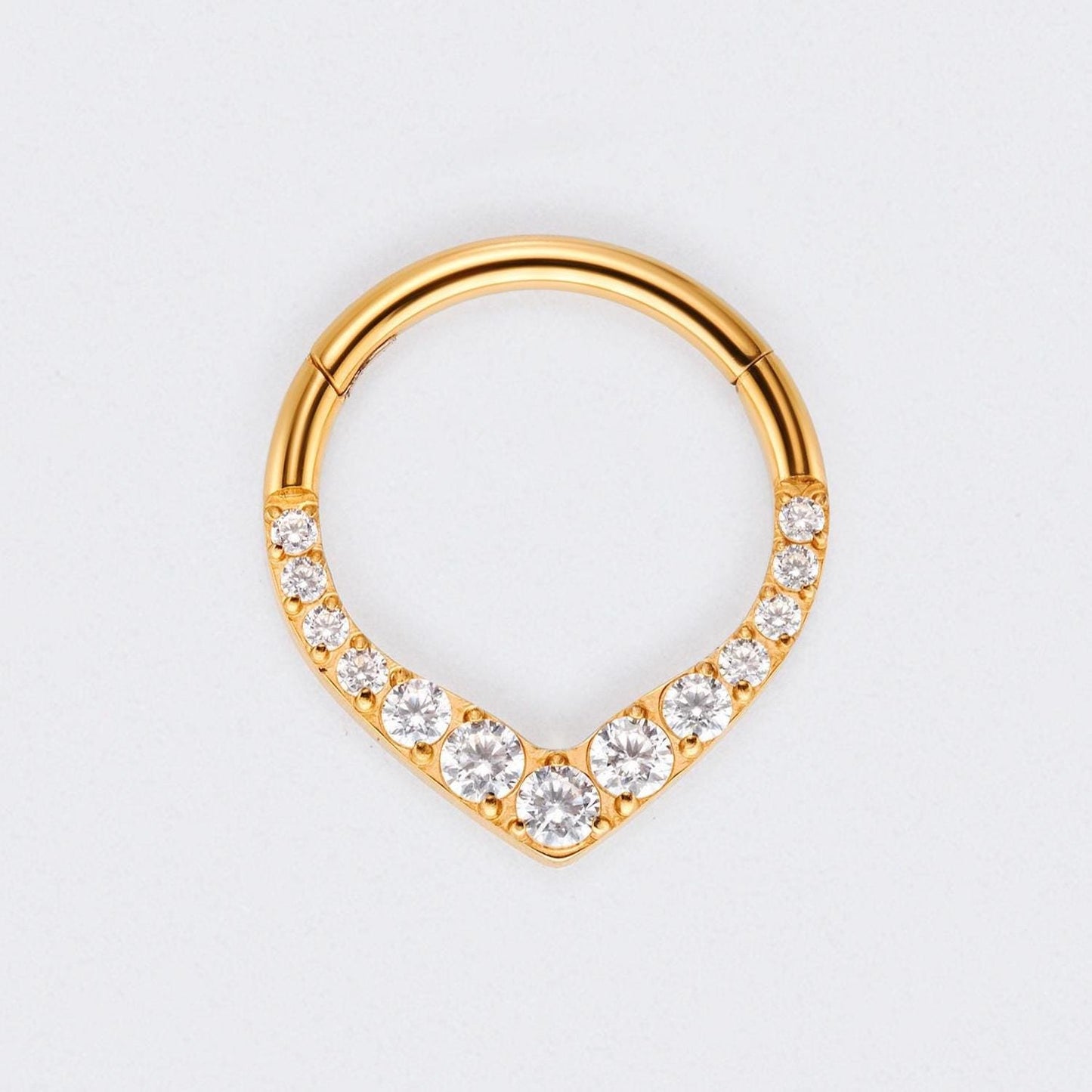 V Shape Teardrop CZ Front Facing Segment Hoop Ring in Gold - Titanium