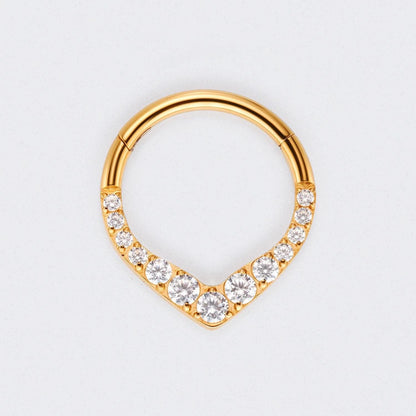 V Shape Teardrop CZ Front Facing Segment Hoop Ring in Gold - Titanium
