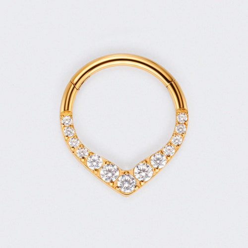 V Shape Teardrop CZ Front Facing Segment Hoop Ring in Gold - Titanium