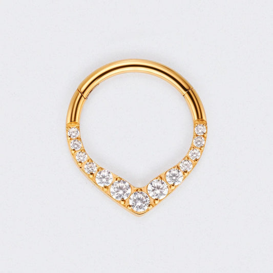 V Shape Teardrop CZ Front Facing Segment Hoop Ring in Gold - Titanium