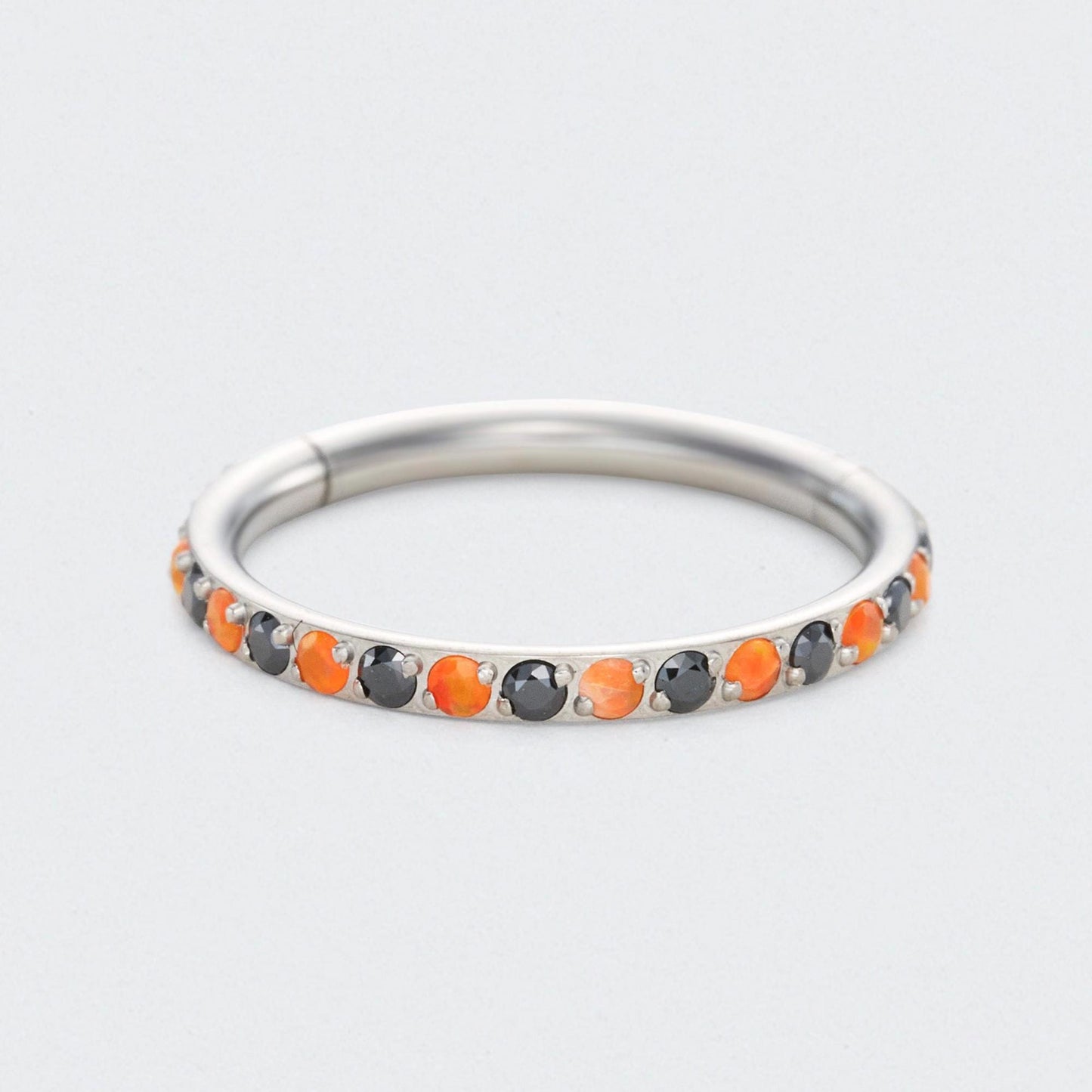 Orange and Black Side Facing Paved Hinged Segment Hoop Ring in Silver - Titanium