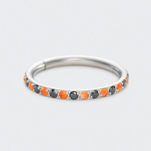 Orange and Black Side Facing Paved Hinged Segment Hoop Ring in Silver - Titanium