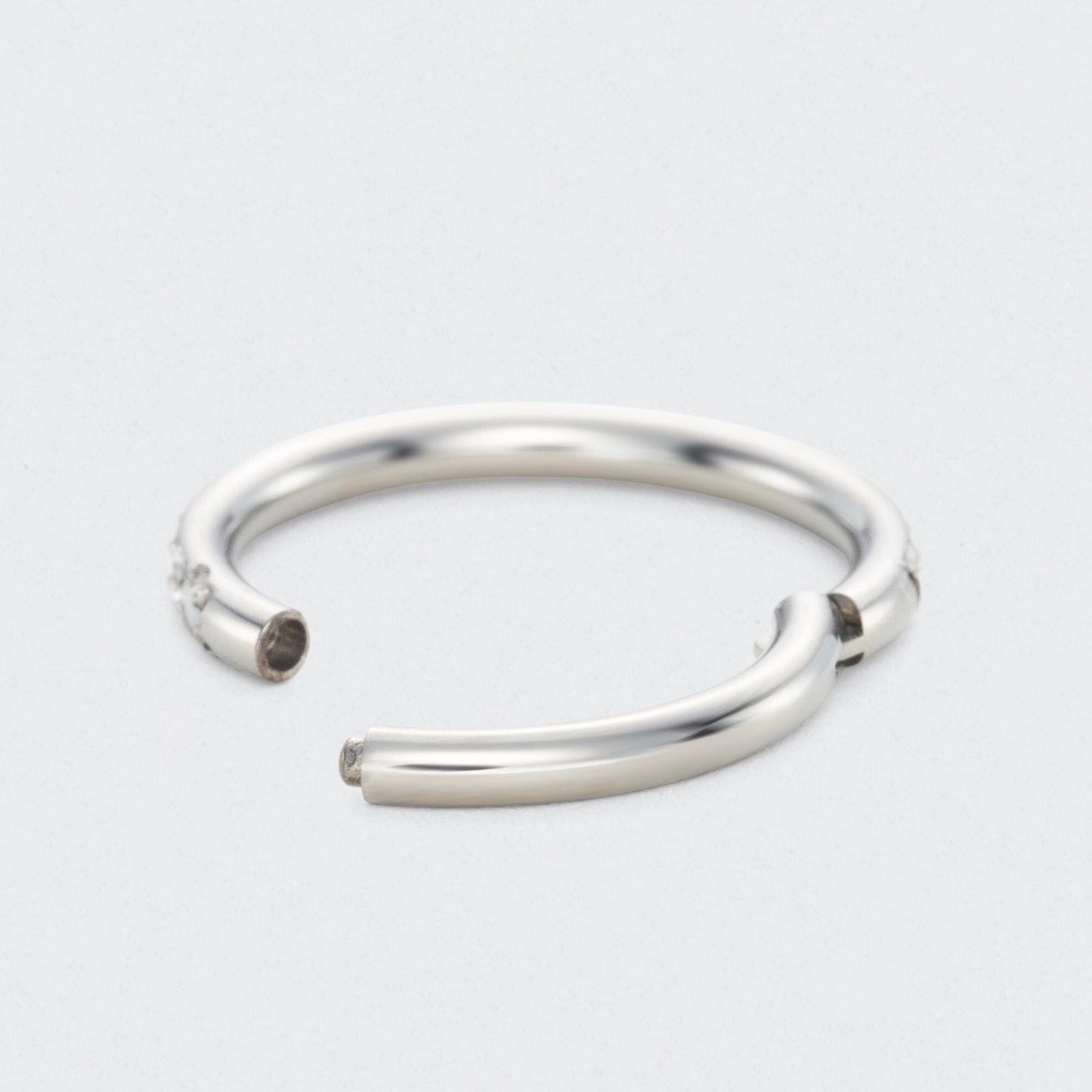 White Opal and Clear CZ Side Facing Paved Hinged Segment Hoop Ring in Silver - Titanium