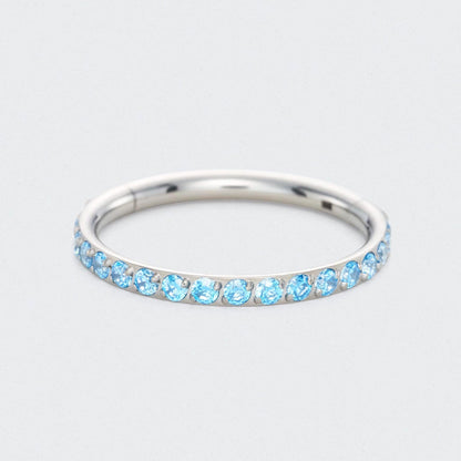 Aqua CZ Side Facing Paved Hinged Segment Hoop Ring in Silver - Titanium