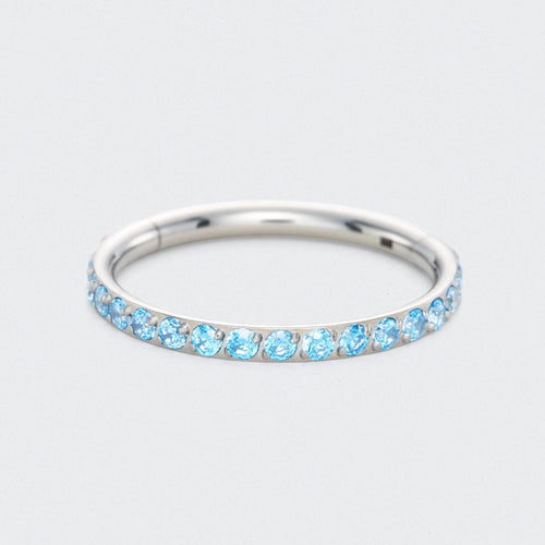Aqua CZ Side Facing Paved Hinged Segment Hoop Ring in Silver - Titanium
