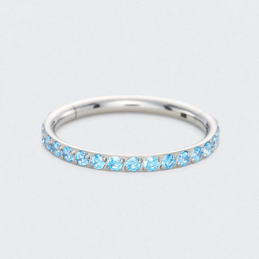 Aqua CZ Side Facing Paved Hinged Segment Hoop Ring in Silver - Titanium