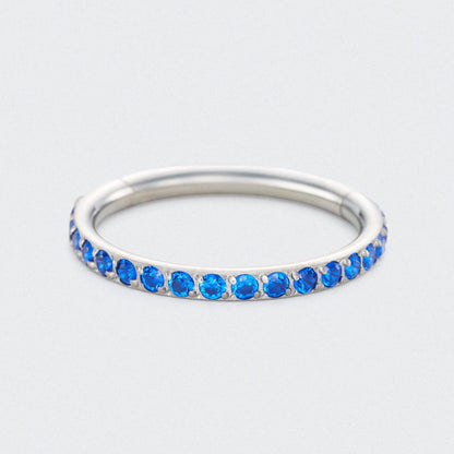 Blue CZ Side Facing Paved Hinged Segment Hoop Ring in Silver - Titanium