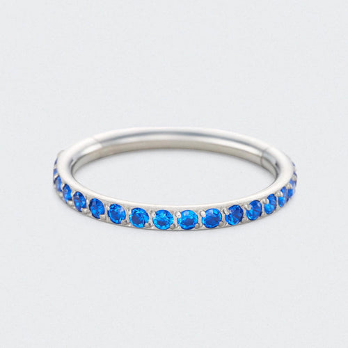 Blue CZ Side Facing Paved Hinged Segment Hoop Ring in Silver - Titanium