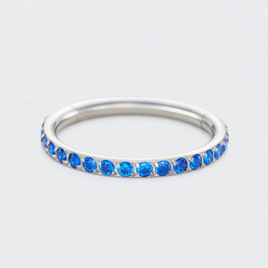 Blue CZ Side Facing Paved Hinged Segment Hoop Ring in Silver - Titanium