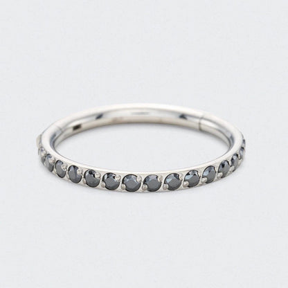 Black CZ Side Facing Paved Hinged Segment Hoop Ring in Silver - Titanium