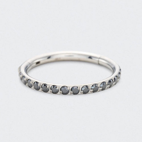 Black CZ Side Facing Paved Hinged Segment Hoop Ring in Silver - Titanium