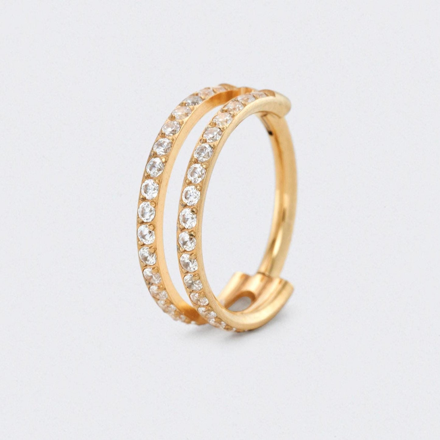 Luna Dual Halo Double Crystal Side Paved Hinged Segment Hoop in Gold - Titanium