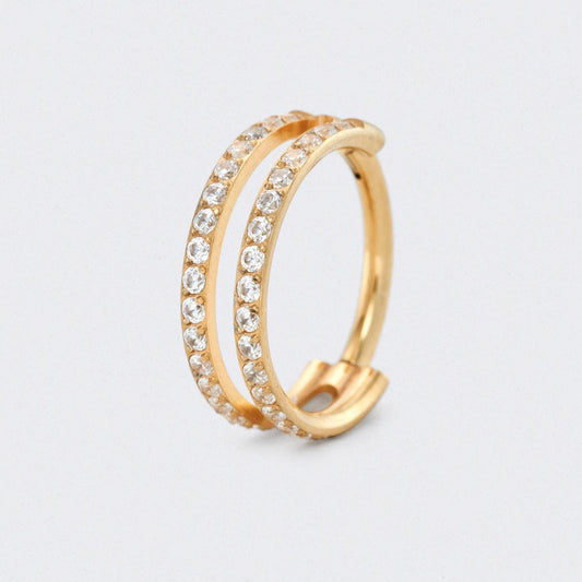 Luna Dual Halo Double Crystal Side Paved Hinged Segment Hoop in Gold - Titanium