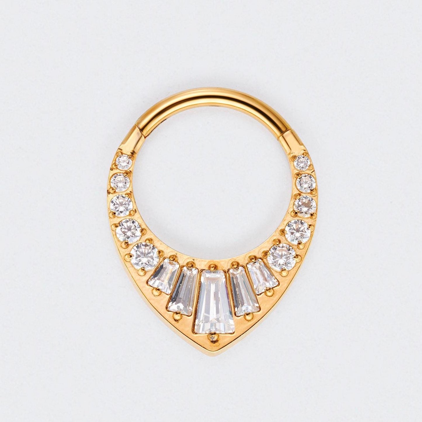 Teardrop CZ and Round CZ Paved Face Segment Ring in Gold - Titanium
