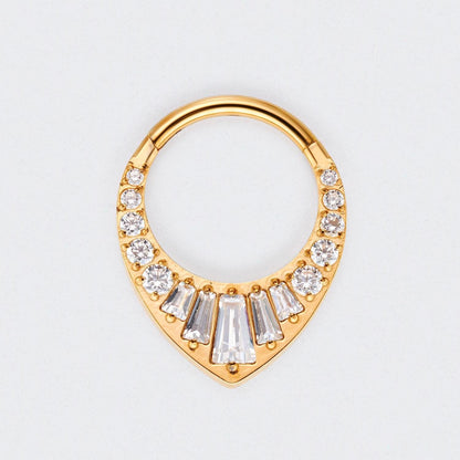 Teardrop CZ and Round CZ Paved Face Segment Ring in Gold - Titanium