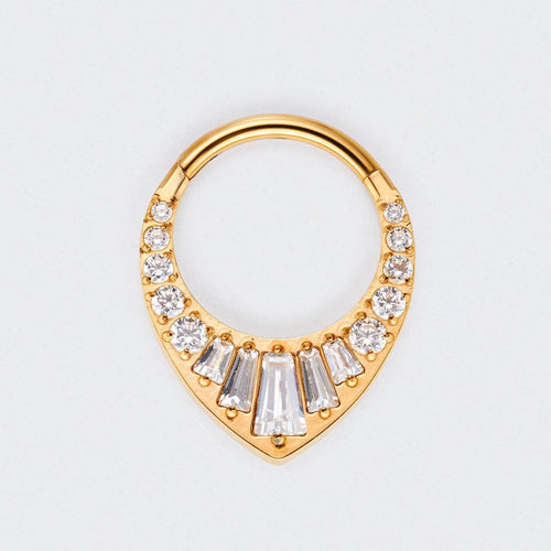 Teardrop CZ and Round CZ Paved Face Segment Ring in Gold - Titanium