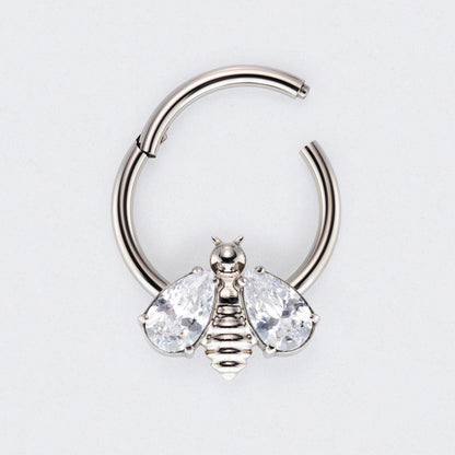 Bee Clear CZ Stone Wings Top Hinged Segment Hoop Clicker Ring in Silver - Titanium