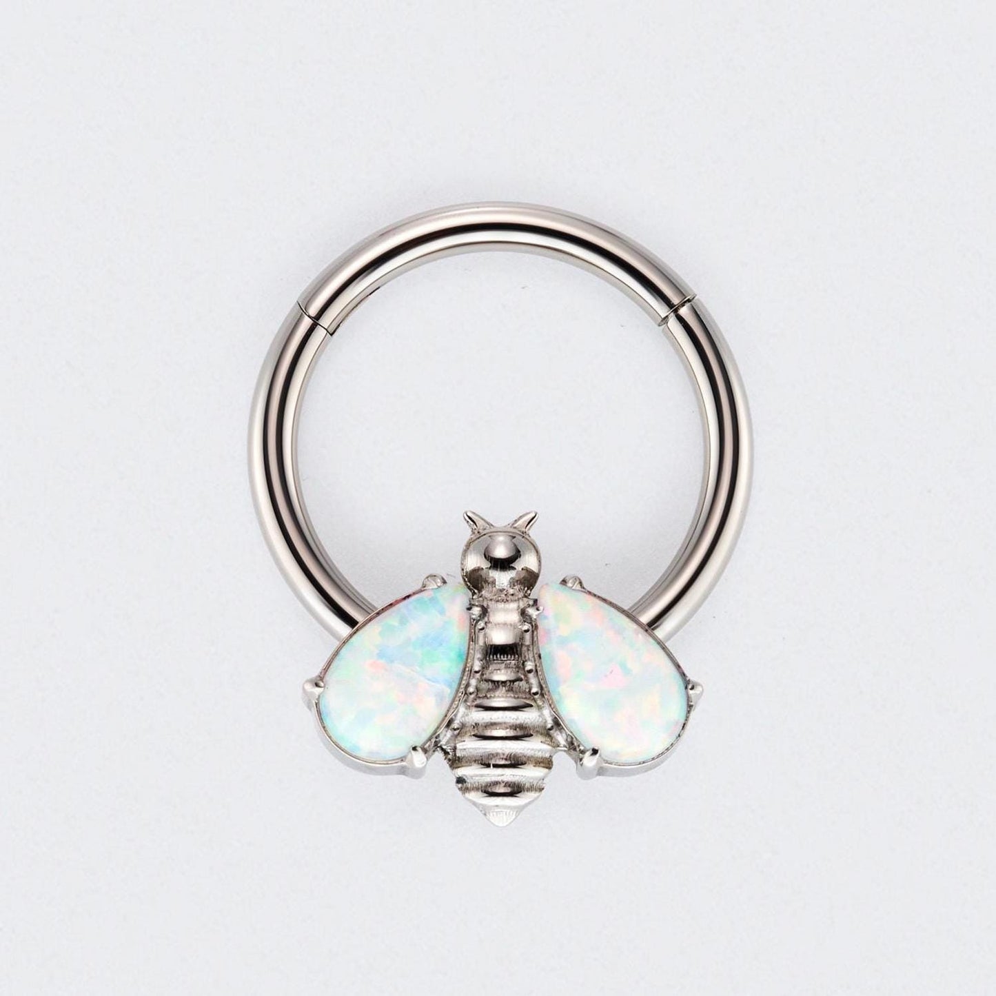 Bee White Opal Stone Wings Top Hinged Segment Hoop Clicker Ring in Silver - Titanium