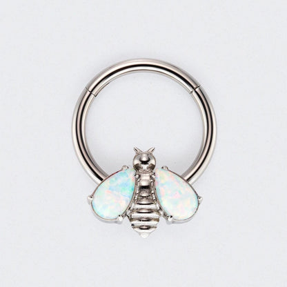 Bee White Opal Stone Wings Top Hinged Segment Hoop Clicker Ring in Silver - Titanium