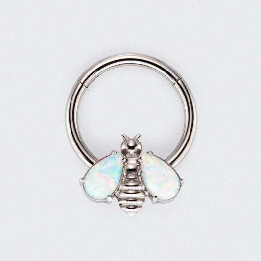 Bee White Opal Stone Wings Top Hinged Segment Hoop Clicker Ring in Silver - Titanium