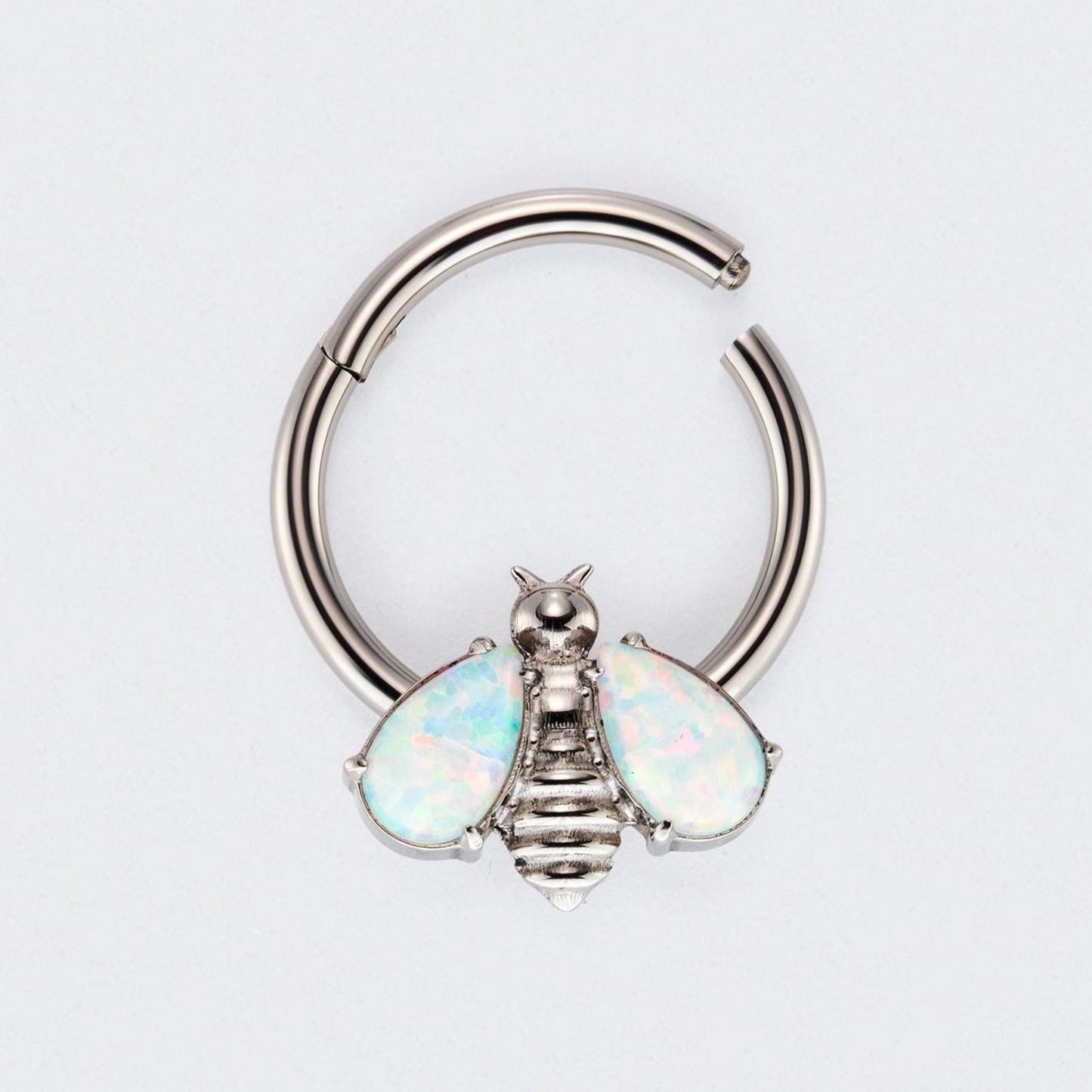 Bee White Opal Stone Wings Top Hinged Segment Hoop Clicker Ring in Silver - Titanium