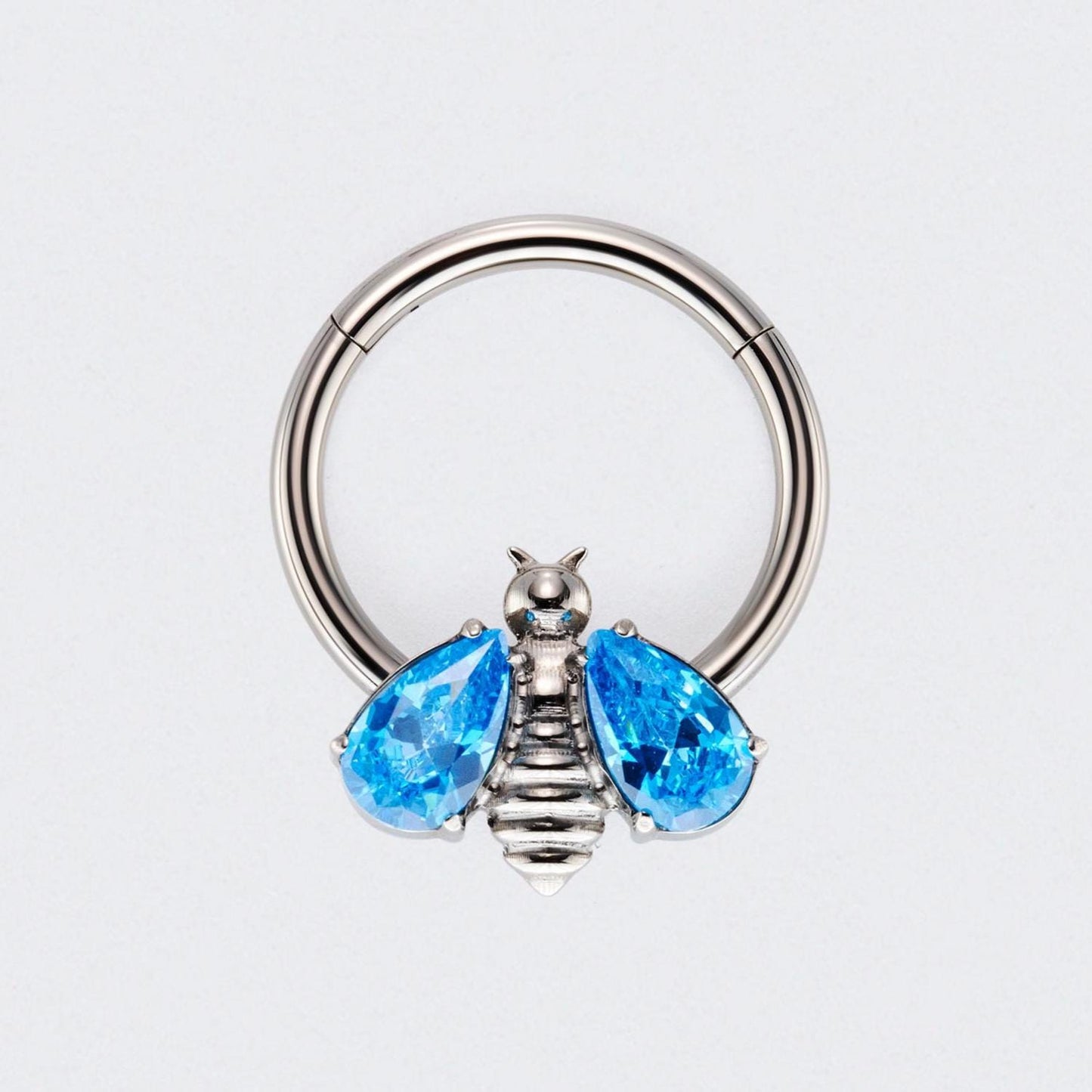Bee Blue CZ Stone Wings Top Hinged Segment Clicker in Silver - Titanium