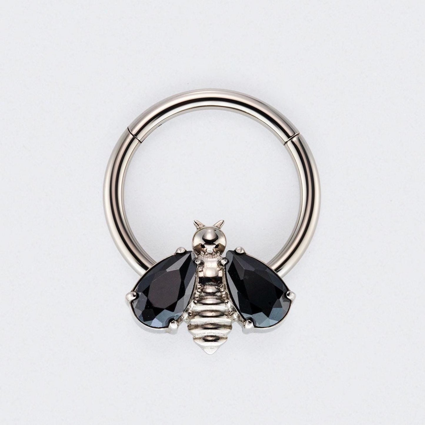 Bee Black CZ Stone Wings Top Hinged Segment Hoop Clicker Ring in Silver - Titanium